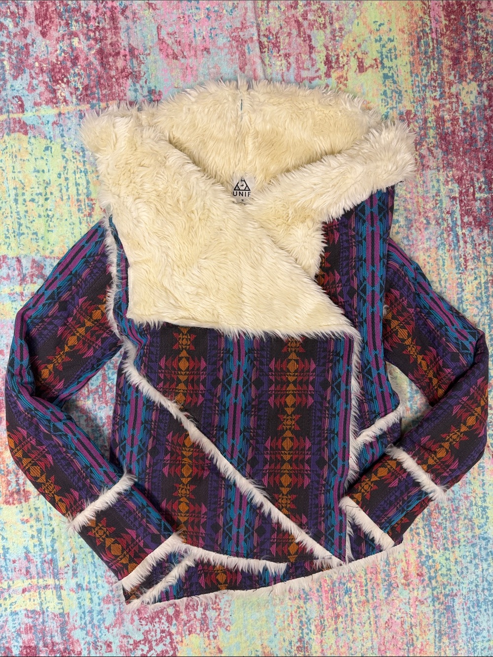 UNIF Multicolor Aztec Faux-Fur Trim jacket